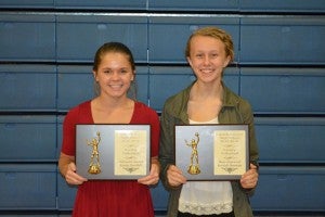 Varsity volleyball players who were recognized are, from left, Kimmi Horsfall — Defensive Award and Kendall Bowman — Most Improved.