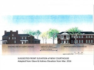 The suggested front elevation of the new courthouse under the Warren Byrd drawings. The public hearing on the capital budget for the new Charlotte County courthouse will take place Monday, June 20, at 7 pm.