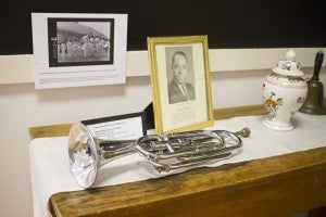 Many relics from the high school remain on exhibit, including this bugle that was used in the high school drum and bugle corps at the school.
