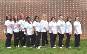 CNA students from Southside Virginia Community College who completed classes at the Estes Communty Center, in Chase City, are pictured, from left, LaTasha Hester, Chase City; Allyson Mills, Red Oak; Alanna Reid, Red Oak; La’Tesha Oliver, Chase City; Takquela Beattie, Red Oak; Patricia Woerner, instructor; Ashley Woodson, Clarksville; Juanita Tuck, Clarksville; Brittany Hill, Keysville; and Angie Dunn, Chase City.