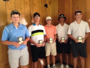 The top finishers in the boys 14- to 15-year-old division of the recent Piedmont Junior Golf Tournament at Briery Country Club included, from left, Larkin Jackson (fifth place), Will Abdi (fourth), Willowby Gasperini (third), Sherwood Baskerville (second) and Jay Carr (first).