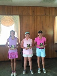 The top finishers in the girls 11- to 13-year-old division of the recent Piedmont Junior Golf Tournament at Briery Country Club included, from left, Kelsey Moseley (first place), Lindsey Towery (second) and Jordan Colbert (third).