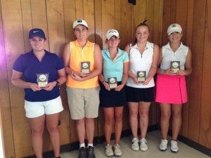 The top finishers in the girls 14- to 17-year-old division of the recent Piedmont Junior Golf Tournament at Briery Country Club included, from left, Maggie Adams (fifth place), Emily Coppedge (fourth), Emily Arrington (third), Emily Erickson (second) and Cassie Robertson